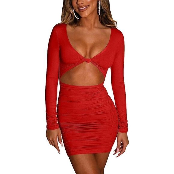 Red Sexy Long Sleeve Cut Out Ruched Bodycon Mini Dress - Picture 1 of 11